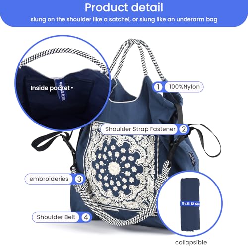 Image of Ball&Chain Summer Embroidery Beach Tote Bag - Stylish, Spacious, and Perfect for Women,Mom, Friends Great Gift. (Blue, Medium)