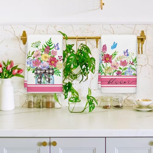 Image of Summer Wildflower Kitchen Towels, Butterfly Dish Towels Set of 2, Spring Watercolor Pink Floral Farmhouse 18 x 26 Inch Hand Towel Quick Drying Dishcloth Decor for Kitchen Bathroom Home