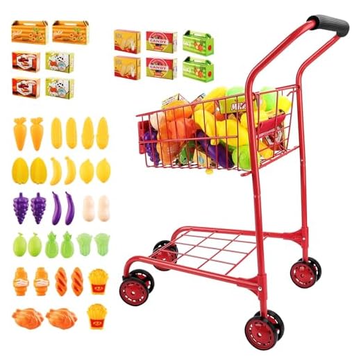 deAO Shopping Cart for Kids,Metal Toy Shopping Cart for Toddlers 46 PCS Food Fruit Vegetables Pretend Play Food Role Play,Educational Toy Play Kitchen Toys for Boys Girls Kids
