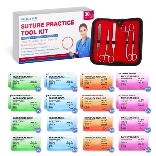 Image of Suture Tool Kit and Threads with Needle | High Grade Stainless Steel Instruments Perfect for Suture Practice | Including Suture Training Video