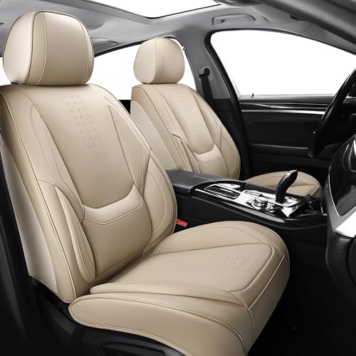 Chezope Car Seat Covers Full Set Beige Leather Seat Covers Breathable Front and Back Car Seat Protectors Wear-Resistant Seat Covers Universal Fit for Most Cars SUV Truck (Beige-Solid Full Set)