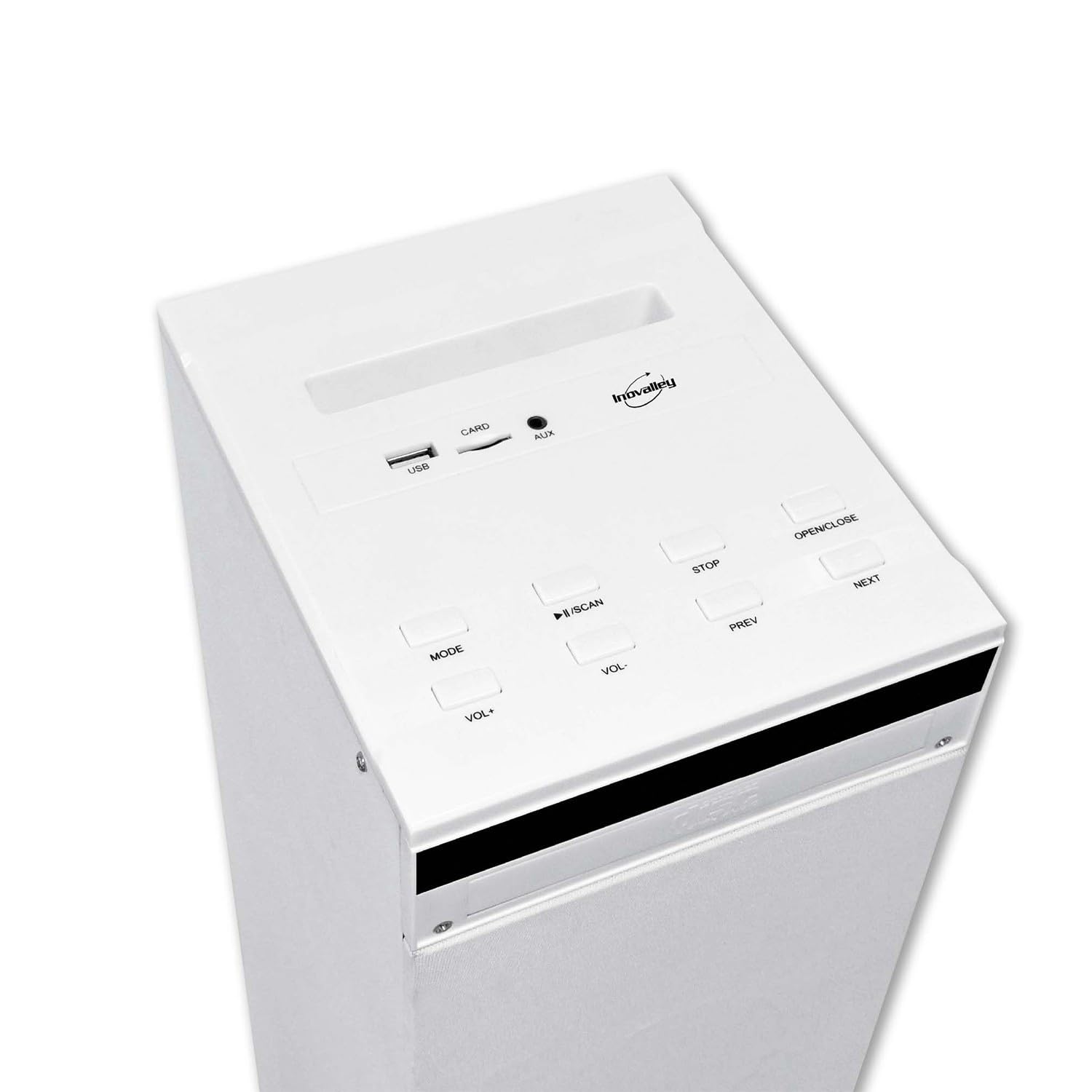 gef-roy Enceinte Colonne Blanche avec Lecteur CD, Bluetooth, FM et USB, 60W, télécommande, Jeu de lumière OVNI LED