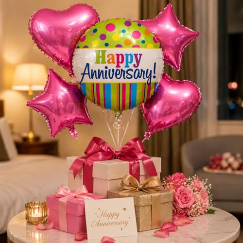 Image of Wanna Party Happy Anniversary Foil Balloon Set of 5 for Decoration | 1 Round Anniversary Balloon (18 Inch) + 2 Pink Heart Balloons + 2 Pink Star Balloons | Helium Supported Party Decor