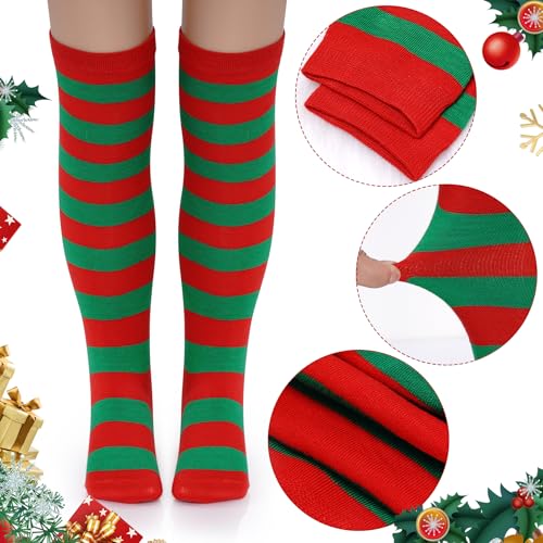 Dxhycc 3 Pairs Christmas Striped Knee High Socks Elf Candy Long Xmas Socks for Girls Boys Christmas Party3