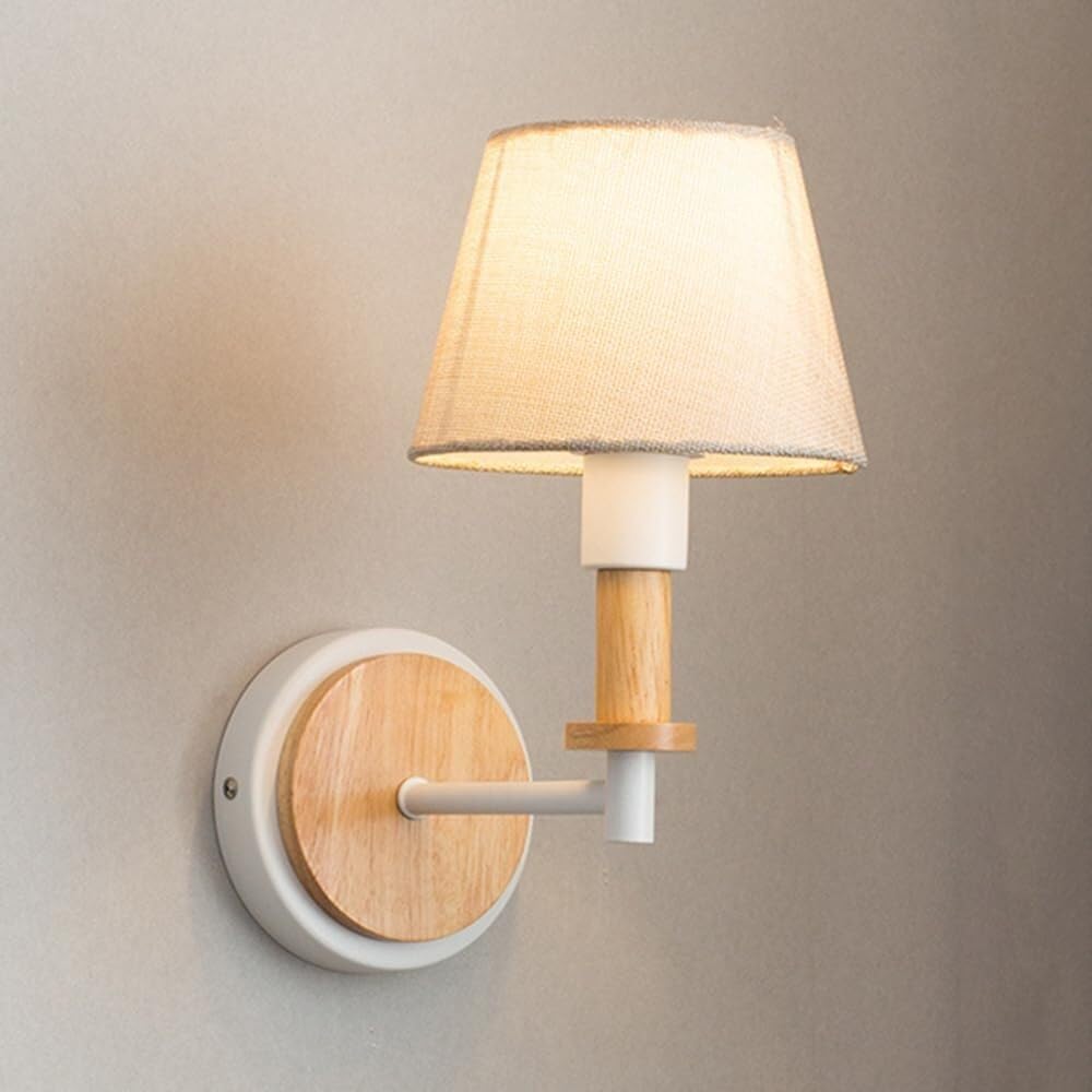 SMCCYYSD Nordic Fabric Wall Lamp E14 Indoor Stairs Light Wood Linen Cloth Shade Sconce for Bedroom Bedside Living Room Study Corridor Entryway Restaurant Mounted Lamp(White)