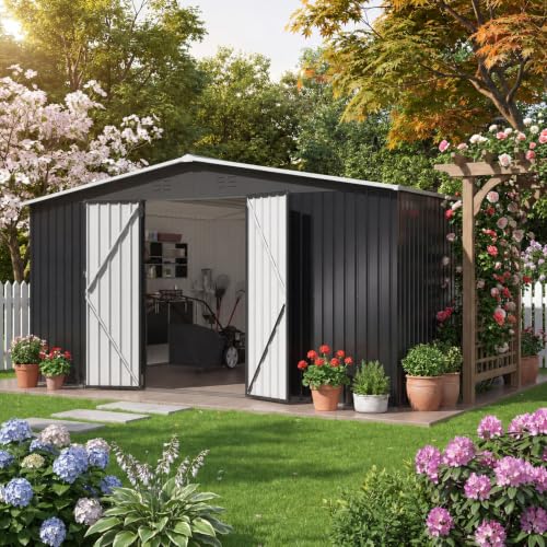 Image of AirWire 12x14 FT Outdoor Metal Shed | Garden Shed with Lockable Doors and Updated Frame Structure, Metal Tool Sheds for Backyard Garden Patio Lawn, Black