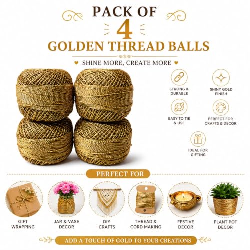 Image of Adikala Metallic Cotton Tatting Shuttle, Crochet Dori Balls for Knitting, Weaving, Embroidery and Craft Making (Set of 4)- 100GMS (Golden)