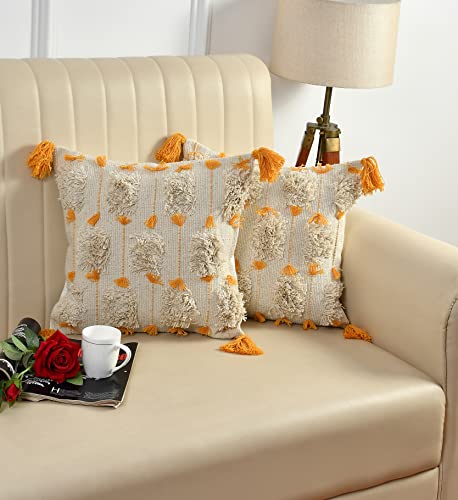 Image of TIB Premium Boho Decorative Throw Cushion Covers, 16 x 16 cm, Set of 2, Cotton. (Gold & White)