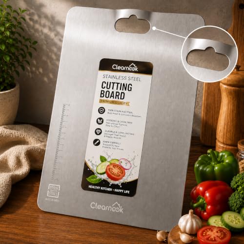 Image of Stainless Steel Chopping Board Large (1 Year Warranty) with Curved Handle (35 x 25 cm) | Steel Cutting Board for Kitchen | Vegetable Cutting Board | Rust Proof Metal Chopper Board