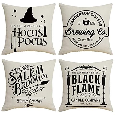 Hocus Pocus Halloween Cushion Covers 45x45 cm Pack of 4 Halloween Decorations Farmhouse Decorative Pillow Cases for Outdoor Indoor Décor Cover