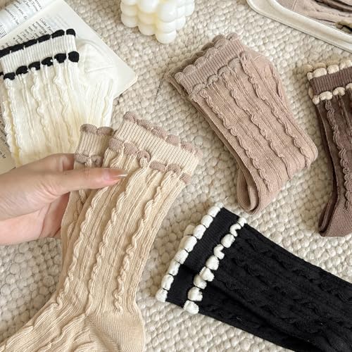 Image of Starella Women Cute Lace Crew Socks Cotton Vintage Twisted Preppy Dress Sock for Pumps Shoes 5 Pairs