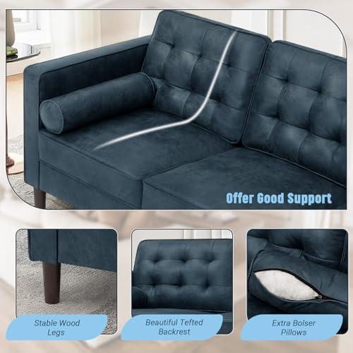 Image of Suede Leather Upholstered Sofa Set with Bolster Pillows, Blue | Tufted 2 Pieces Modern sofas with Bolster Pillows, 3 Seats Sofa and Loveseat with Sturdy Legs for Living Room, House