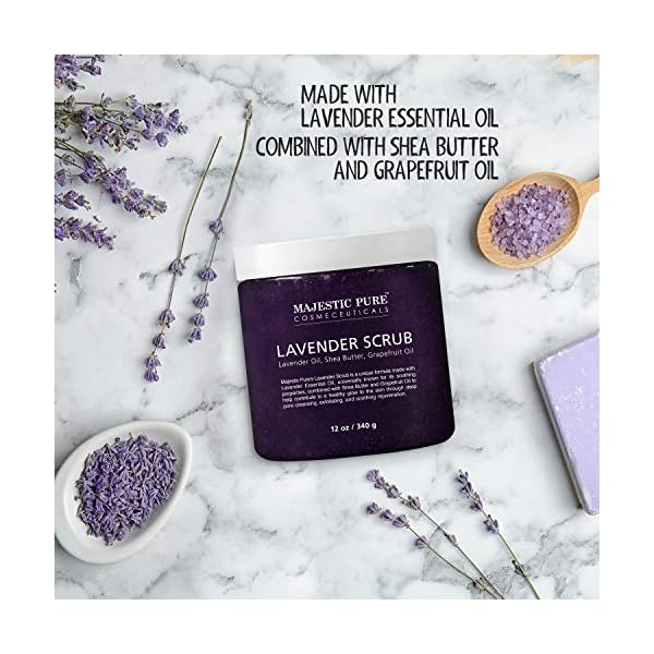Lavender Oil Body Scrub Exfoliator with Shea Butter and Grapefruit Oil by Majestic Pure - Exfoliate & Moisturize Skin, Fights Acne - 10 oz