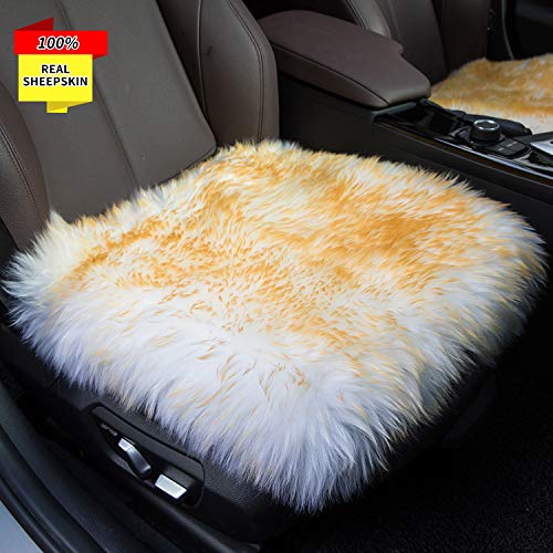 Sisha-A Sheepskin Seat Cushion Cover Winter Warm Natural Wool Car Seat Covers Universal Fit for Most Car, Truck, SUV, or Van Front Brown Tips