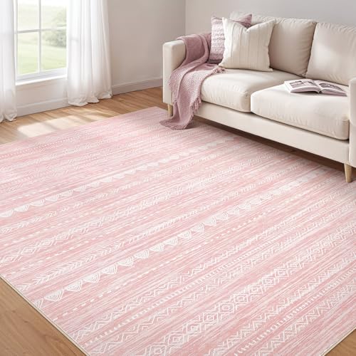 Nakagishi Pink Rugs for Bedroom Girls: 4x6 Washable Boho Large Neutral Area Rug Cute Soft Modern Indoor Floor Non Slip Accent Carpet for Living Room Nursery Kids Playroom Dorm Preppy Baby Room Decor