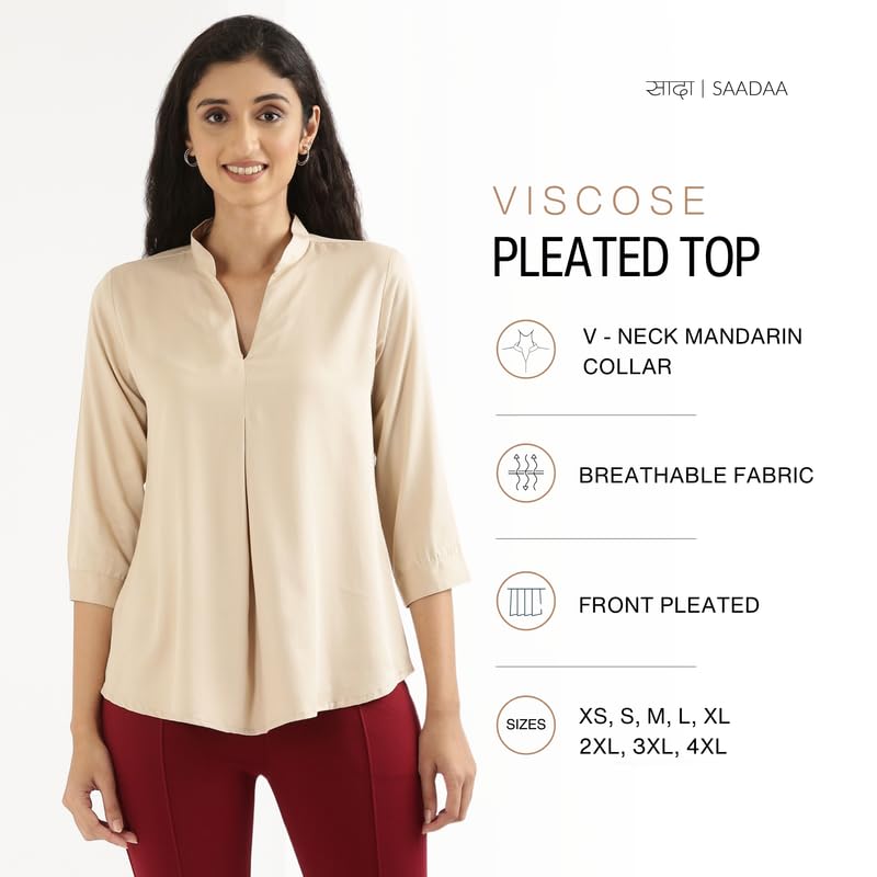 Image of SAADAA Top for Women, Viscose Pleated Tops, V-Neck with a Collar, 3 /4 Sleeve Length, Office & Casual Wear