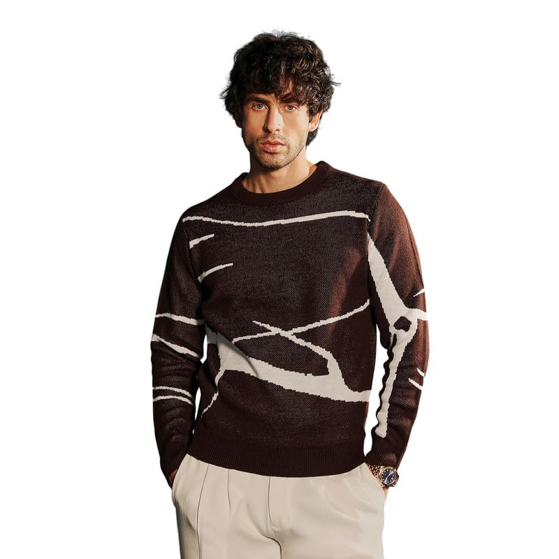 cahoot Men Sweater | Crew Neck, Long Ribbed Cuff Sleeves | Pull On, Ribbed-Straight Hem | Abstract Jacquard | Knitted Fabric for Casual Coffee Brown-picture-34