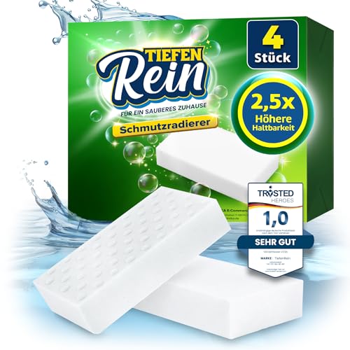 2,5X längere Lebensdauer | Schmutzradierer PRO 4 Stück - Neu: Radierschwamm | extra langlebiger Zauberschwamm | Magic Eraser Schwamm entfernt Schmutz an Wand, auf Schuhen,...
