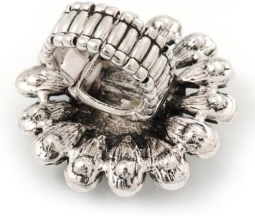 Avalaya 'Diva Blossom' Crystal and Ceramic Flower Ring (Silver Tone) - Adjustable size 7/8, black, silver, white / ivory - Image 3