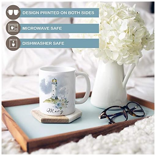 Watercolor Coastal Lighthouse with Flowers Personalized Ocean Coffee Mug | Custom Name Microwave Dishwasher Safe Ceramic Cup - Image 3
