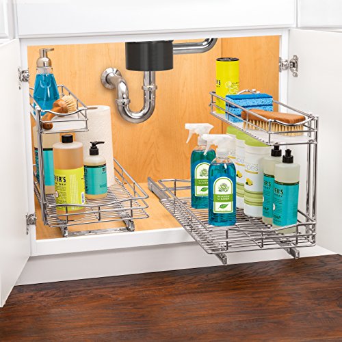 Lynk Professional Slide Out Organizer Pull Out Kitchen Cabinet Rack, 10w x 21d x 9.6h -inch, Chrome & Under Sink Cabinet Organizer Pull Out Two Tier Sliding Shelf, 11.5w x 21d x 14h-Inch, Chrome