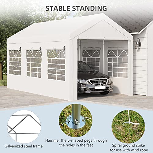 Outsunny 10' X 20' Party Tent & Carport, Height Adjustable Portable Garage, Outdoor Canopy Tent With Mesh Windows, Zippered Door, For Car, Truck, Boat, Motorcycle, Bike, Garden Tools, White #TOP6