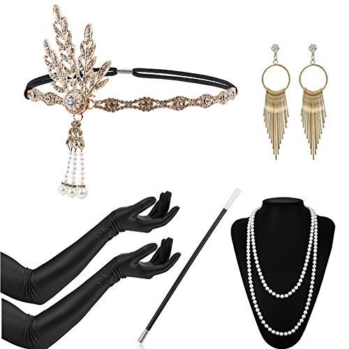 Timelike Juego de accesorios de los años 20, disfraz de charlestón, accesorios para mujer de los años 20, diadema, pendientes, perlas, collar, guantes, punta de cigarrillo Cover