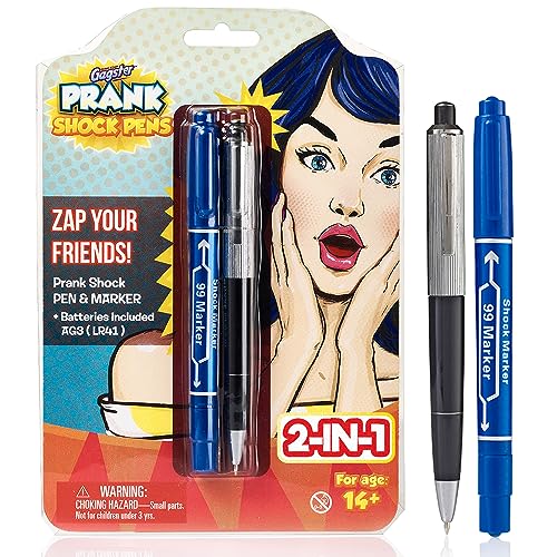 Gagster Electric Shock Pen and Marker Prank Set - Electric Shocking Pen - Practical Joke Toys for April Fools' Day Pranks - 2-in-1 Funny Pens Gag Gift - Trick Shock Pen - Pack of 2 (Black/Blue)