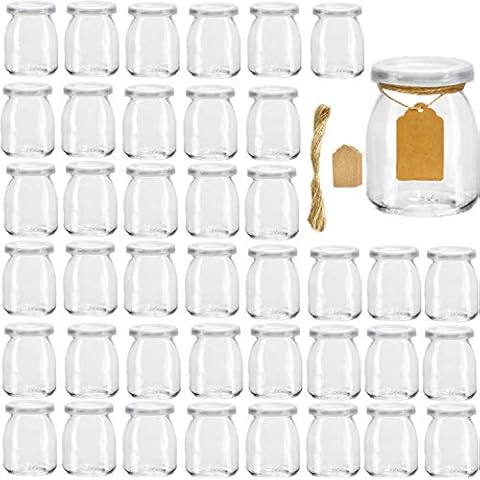 Glass Yogurt Container With Lids,Encheng 7 oz Clear Glass Jars With Lids(PE),Replacement Glass Pudding Jars Yogurt Jars,Glass Container With Twine n Tag For Milk,Jams,Jelly,Mousse,Dishwaresafe 40 Pack Cover