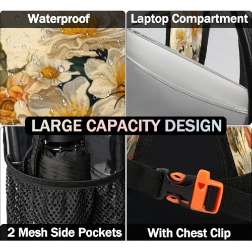 Vintage Bee Clear Backpack for Stadium Events, Bumblebee Flowers Waterproof Clear Bag for Women Men Adult Sport Work Daily Music Festival and Concerts3