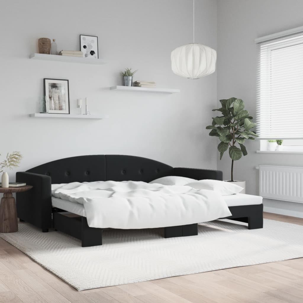 Łóżko dzienne, wysuwane, czarne, 90 x 190 cm, aksamitne obicie, sofa 2 w 1 z funkcją spania z rolety, wytrzymała rama z metalu i drewna, nowoczesne wzornictwo do salonu i sypialni