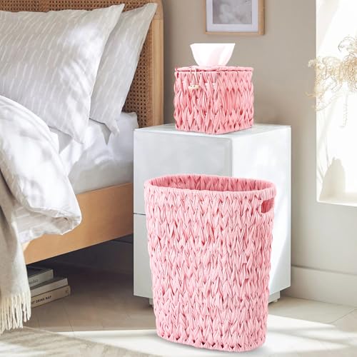 Image of BSSN Wicker Trash Can and Square Tissue Box Cover, 4 Gallon Water Hyacinth Bathroom Trash Can, Handwoven Napkin Holder, Narrow Small Waste Basket, Rustic Decorative Home Set for Bedroom,Office (Pink)