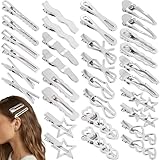 Lekgavd 32pcs Star Heart Metal Hair Clips, 16 Styles Silver Hair Clip Alligator Barrettes, Bow Wavy Non-Slip 2000s Hair Accessories for Women Daily, Party