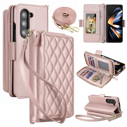 Étui portefeuille Z Fold6 or rose haut de gamme avec sangle amovible