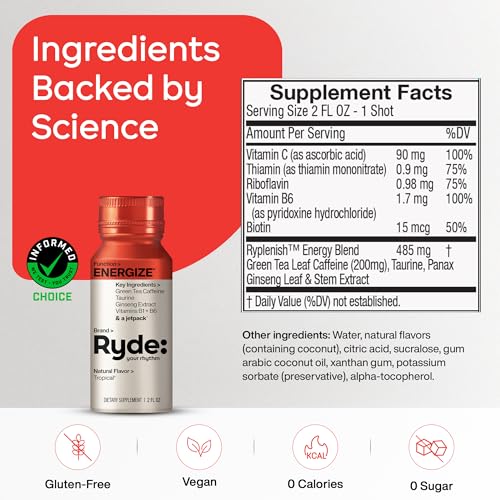 Image of Ryde: Energize Shot | Tropical Flavor | Green Tea Caffeine, Taurine, Ginseng Extract & B Vitamins | 0 Calories, 0 Sugar | 2 FL OZ Shots | Boosts energy* (8 Pack)