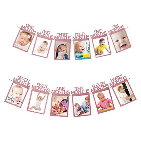 Yumi V 1st Birthday Banner, 1st Birthday Decorations for Girls Boys Monthly Milestone Baby Photo Banner First Birthday Party Celebration Decor Bunting Garland for Newborn to 12 Months (Rose gold) Cover