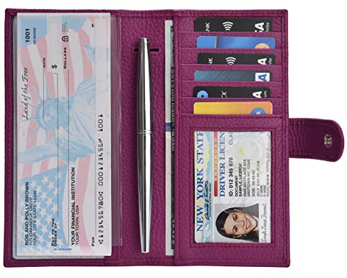 Oak Leathers Leather Checkbook Cover for Men & Women -RFID Slim Wallet Pen Holder Credit Card Gift Duplicate Checks Minimalist Design (Fuschia)