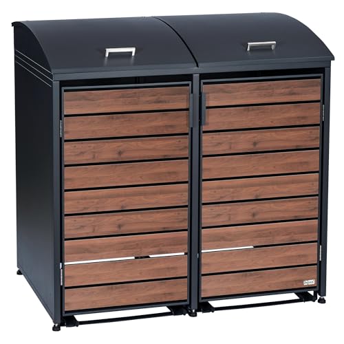 Zelsius Mülltonnenbox 2er Mülltonne mit abgerundetem Deckel | 120-240 Liter | Walnuss, Anthrazit RAL7016 | Tür in Holzoptik mit Erweiterungsmöglichkeiten | Mülltonnenhäusschen, Mülleimerboxen