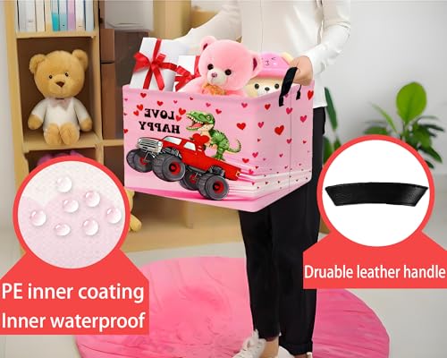 Image of Large Valentine's Day Basket Heart Shaped Storage Bin for Gifts Collapsible Organizer Room Decor (Pink Monster Truck Dinosaur)