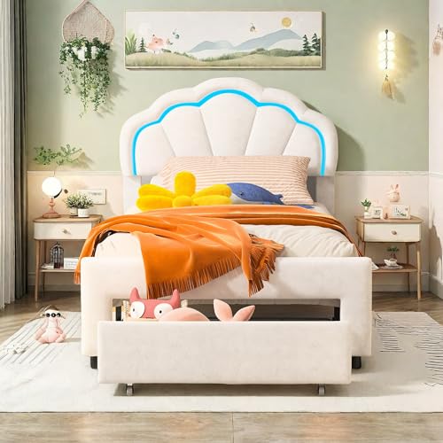 Yeutre Lit Enfant Fille 90x200 avec Tiroir de Rangement, Lit Simple Rembourré avec LED, Tête de Lits Réglable en Hauteur en Forme de Couronne, Sommier à Lattes, Lits...
