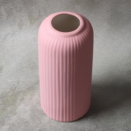 Image of KREATIVE ART'S Modern Ribbed Design Ceramic Flower Vase for Living Room, Flower Pots for Artificial Flower, Home Decoration Item, Home Decor, Vases for Living Room (Pink, Medium)