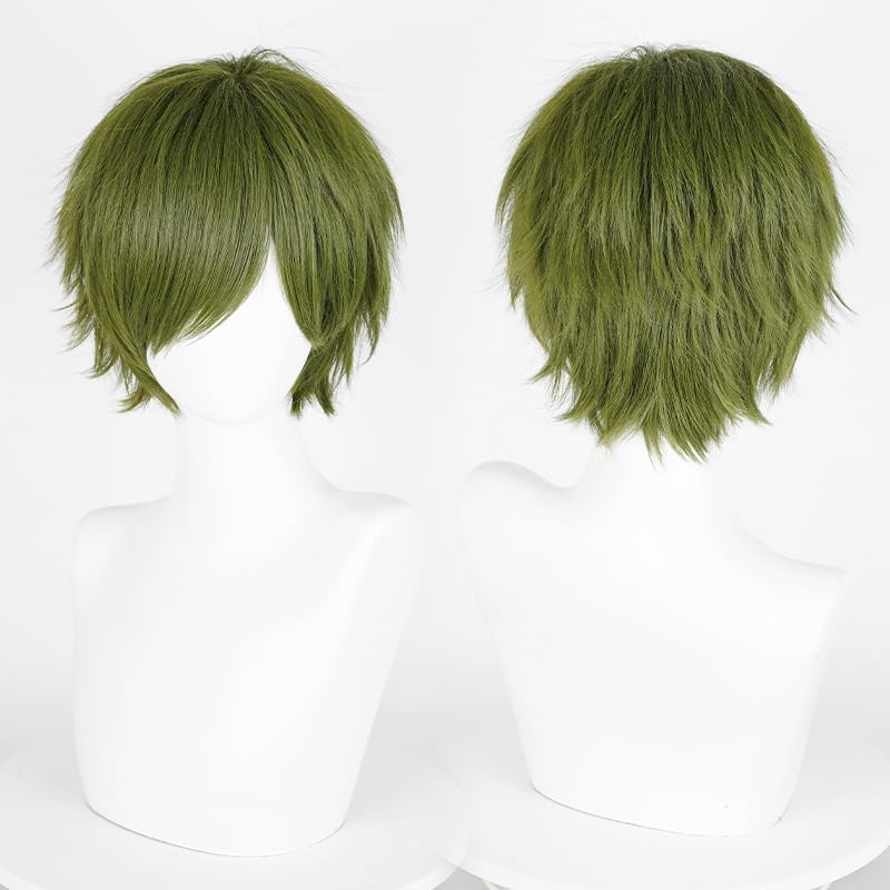 Image of LABEAUTE Unisex Short Dark Green Cosplay Wig Male Man Woman With Bangs Anime Fluffy Cosplay Hair Wigs for Party and Halloween for Gift + Free Cap