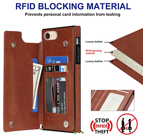 Defbsc Compatible With Iphone 7/8, Iphone Se 2020/2022 Case, Crossbody Wallet Case, Adjustable Detachable Lanyard Neck Strap With Kickstand Leather Card Holder Protective Cover-Brown #TOP5