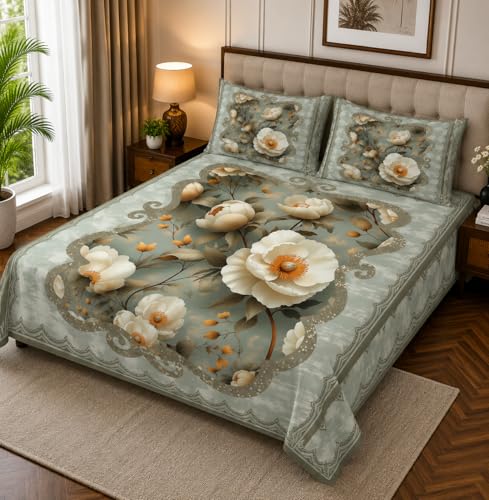 Image of 7D Digital Printed King Size Bedsheet with 2 Pillow Covers | Soft Premium Cotton Feel Microfiber Double Bed Bedsheet | Breathable,Wrinkle Free & Fade Resistant |(Seagreen, KingSize-225x250CM)