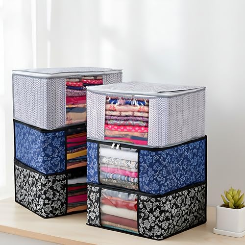 Image of Non-Woven Saree & Clothes Storage Bags | Wardrobe Organizer with Heavy-Duty Zipper | Set of 6 (Black-Blue-Grey Floral Print) | Foldable Dust-Proof Closet & Bedroom Storage