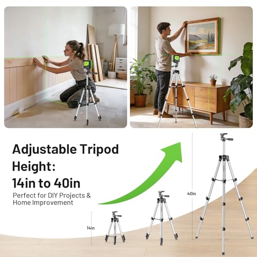 Huepar Laser Level with Tripod,100Ft Self Leveling Green Cross Line Laser for Picture Hanging, Tile, Decoration & DIY Construction – AA Battery&Picture Hanging Strips, Indoor Use thumbnail 4