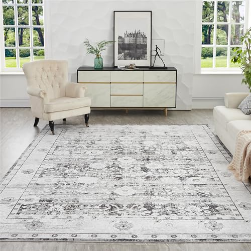 Syalife 6x9 Washable Area Rug, Ultra Soft Non-Slip, Low Pile, Stain Resistant Vintage Area Rug for Living Room, Boho Carpet for Bedroom, Dining Room, Office, Foldable Home Decor Rug, Dark Grey