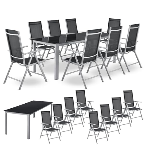 Juskys Aluminium Gartengarnitur Milano 8+1-8 Hochlehner Stühle verstellbar & klappbar mit Tisch - Gartenmöbel Set 9-teilig wetterfest - Silber