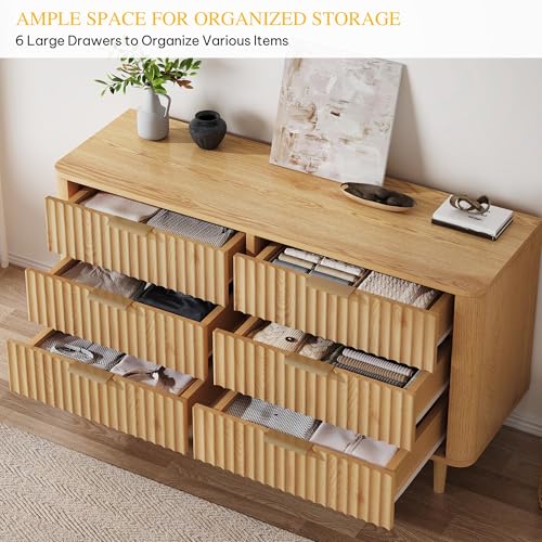 DWVO 6 Drawer Dresser with Fluted Panel, 47.2" Wide Modern Closet Dressers Chest of Drawers, Wood Storage Dresser Organizer for Bedroom, Dorms, Flats, Living Rooms, Hallways, Natural Oka