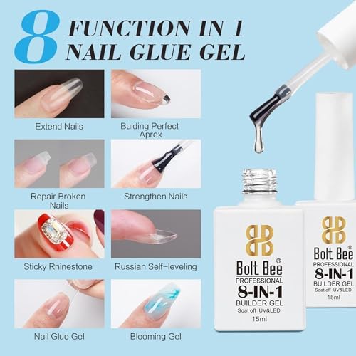 Image of Bolt Bee 8in1 Nail Glue Gel - Builder Gel for Nail Extension, Repair, Strengthening, Apex Building, Blooming & Rhinestone Fixing - Soak Off UV /LED Gel, 15ml